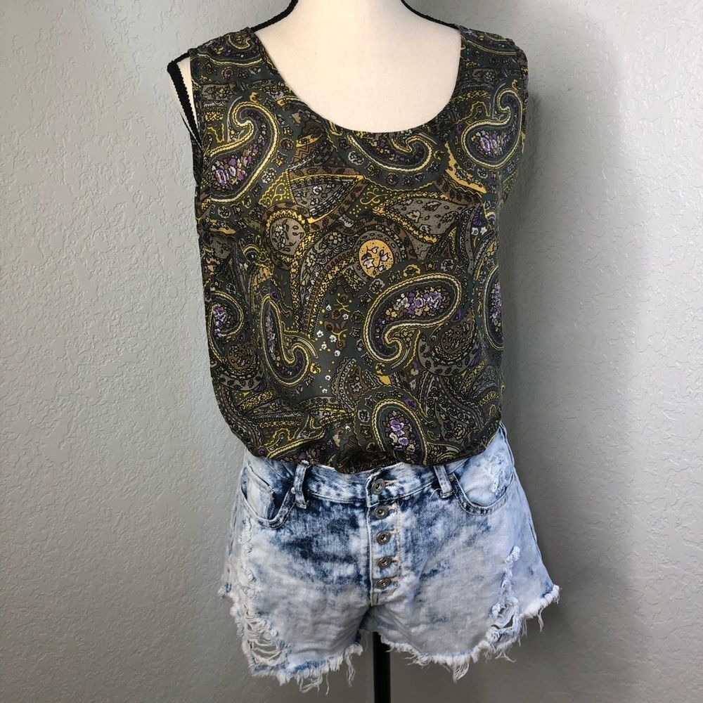 Olive 100% Silk Paisley Sleeveless Top Sz S